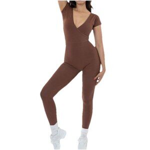 Dance American Apparel Brown Wrap Bodycon Jumpsuit Large Catsuit Ballet Disco